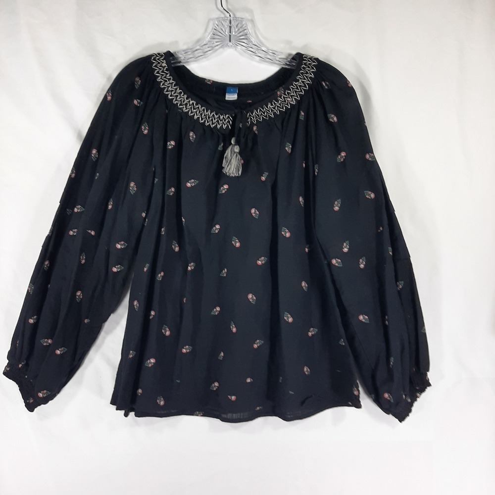 Old Navy Womens Black Floral Peasant Poet‎ Blouse Smocked Floral Top Large